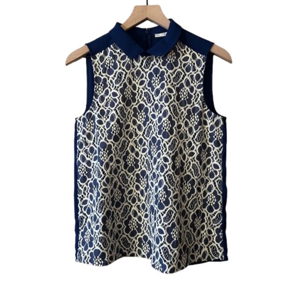Halogen Tops - Women's S Halogen Blue White Lace Overlay Sleeveless Blouse Collar Floral